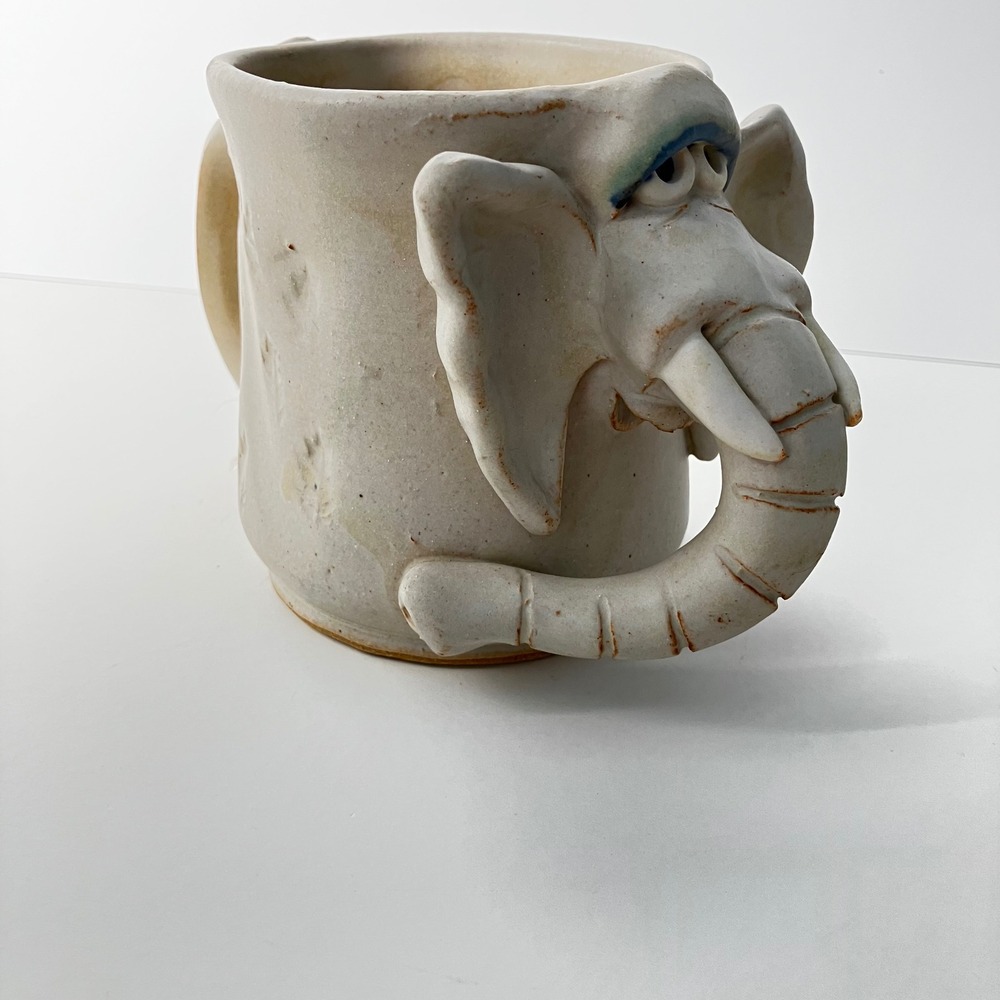Artisan Ceramic Elephant Coffee Mug 3D Sleepy Face Signed Sherman '12 Retro Mold